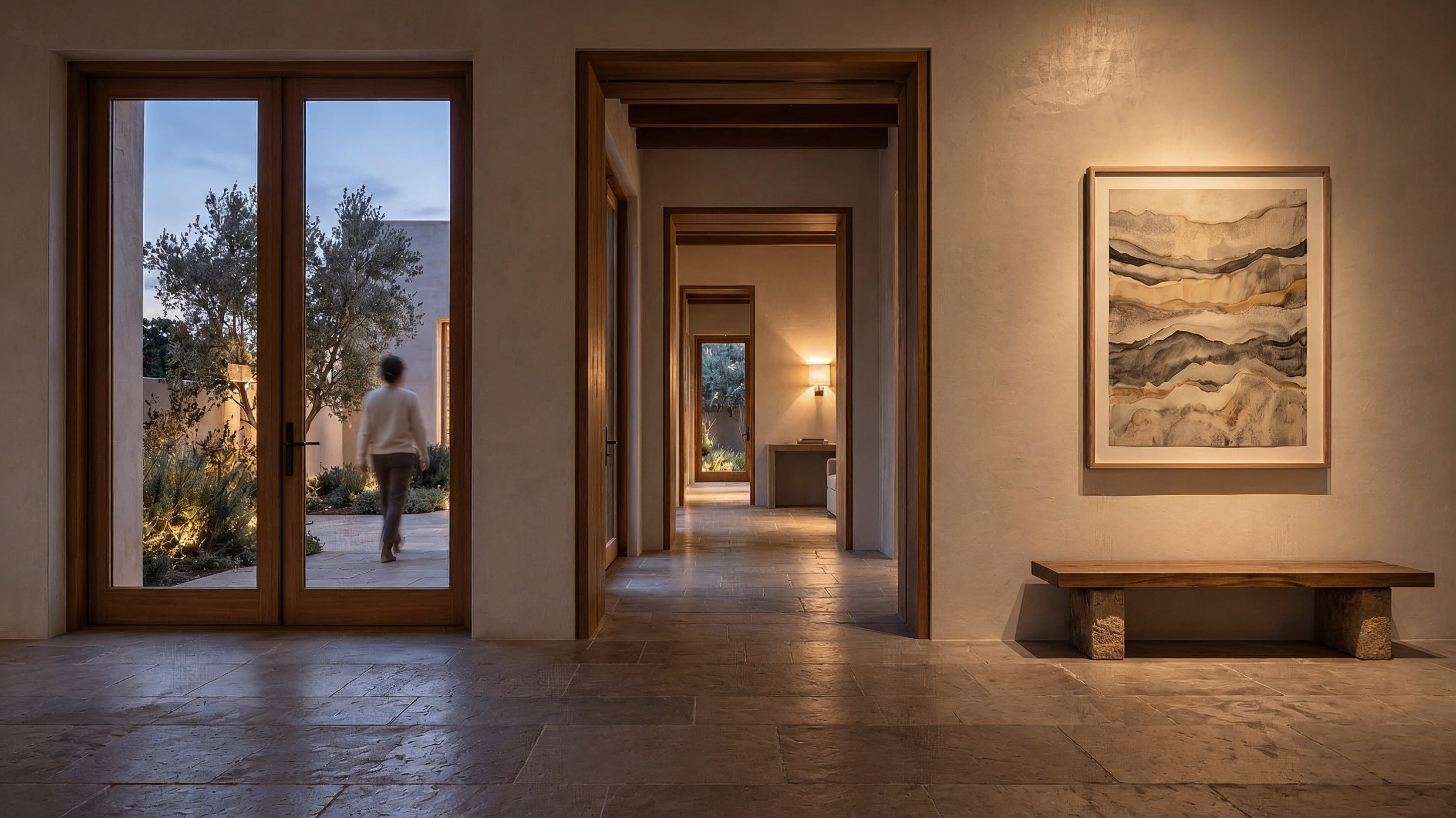 Dusk in a plastered hall. A guest walks out into the garden, a lamp glows at the end of a long enfilade, and a single painting hangs above a bench.