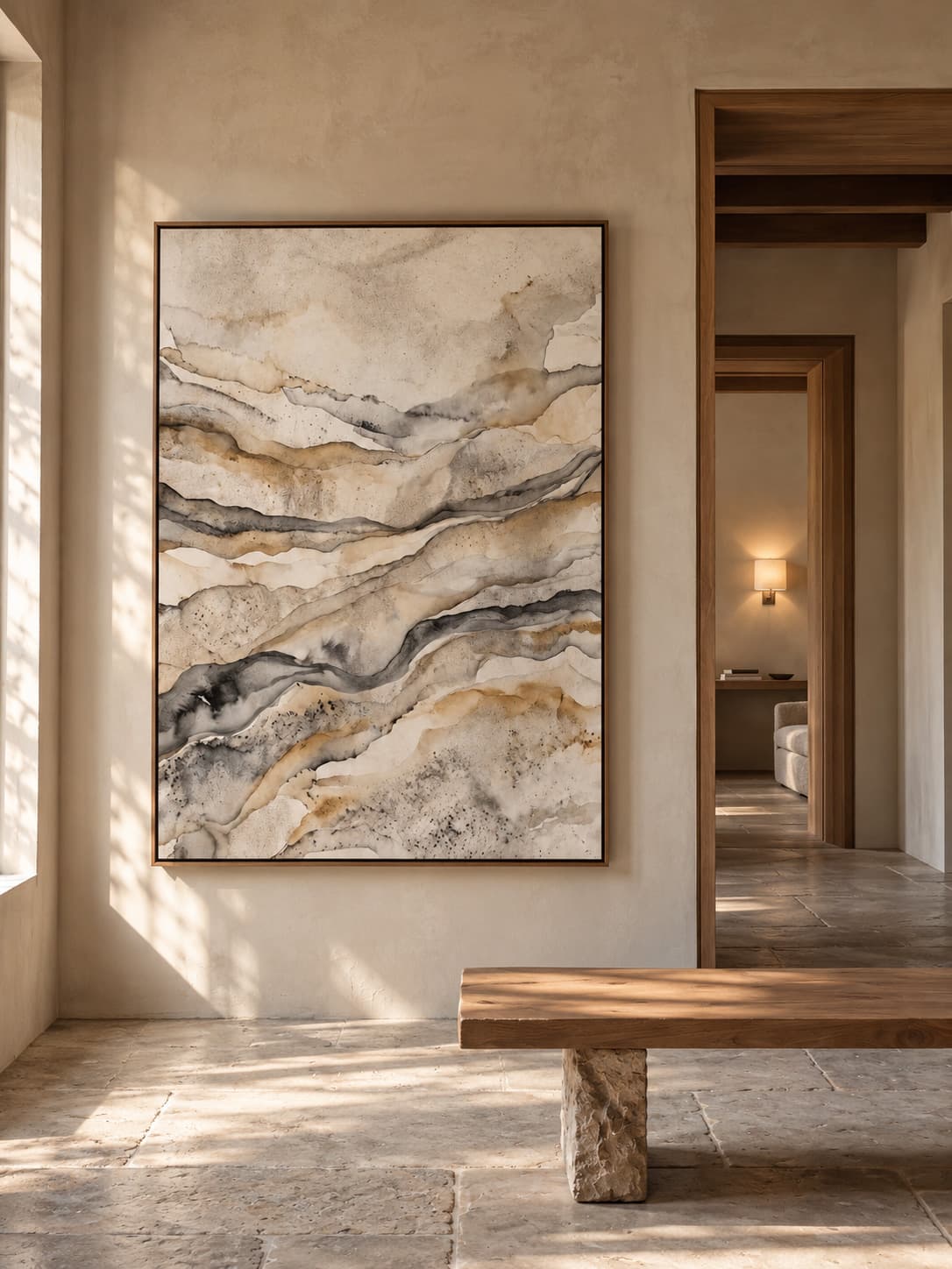 A large painting in bands of chalk, ochre and grey hangs on a plaster wall beside a doorway, above a low oak and stone bench.