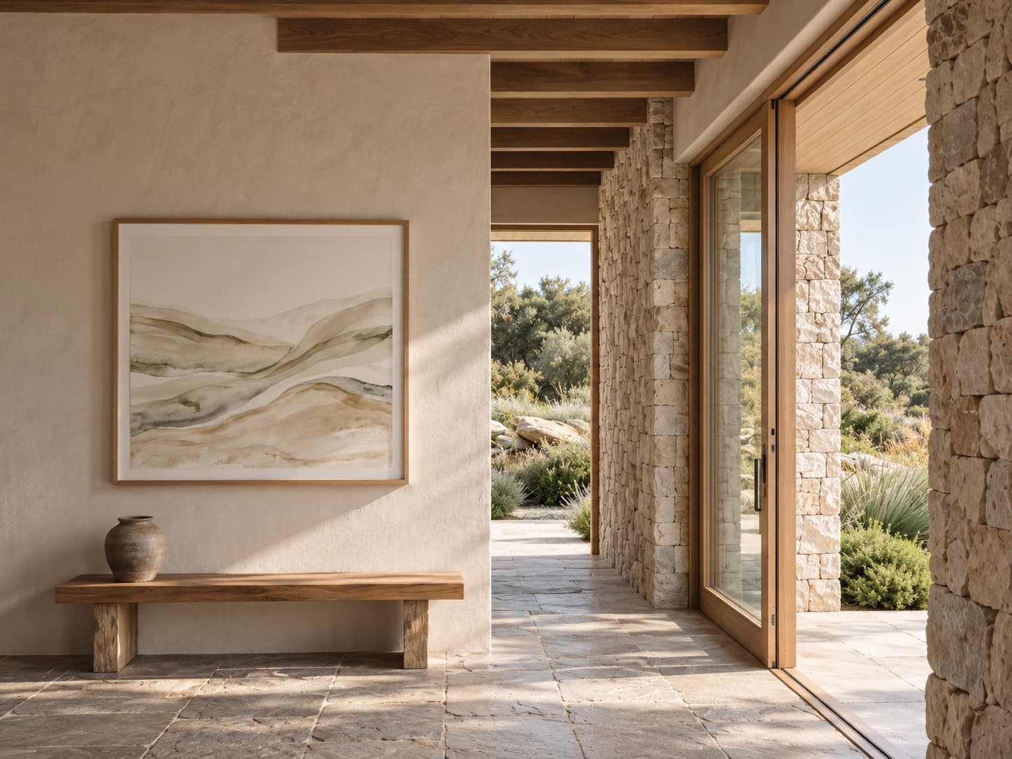 A passage at The Quiet Coast: a dune-toned painting above a weathered timber bench and clay vessel, with dry-stone walls and an opening onto coastal planting.