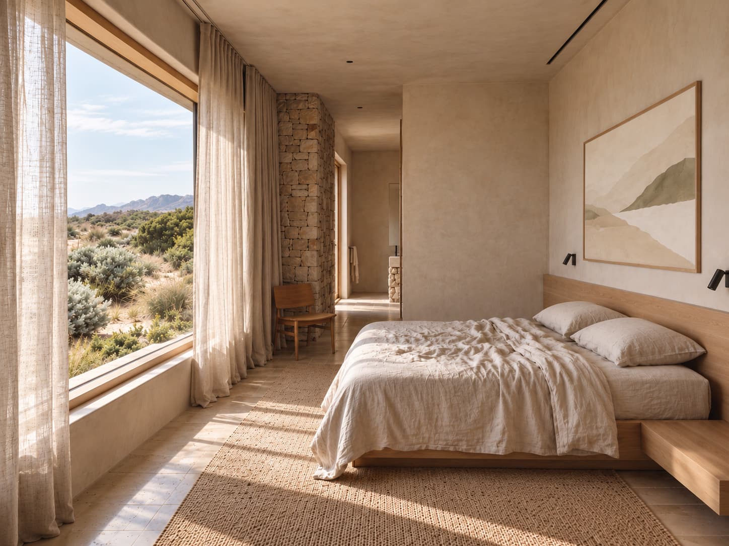 A guest room in pale plaster and dry stone: a low oak bed in washed linen beneath a pale linear work, sheer curtains drawn back from a window onto the dunes.