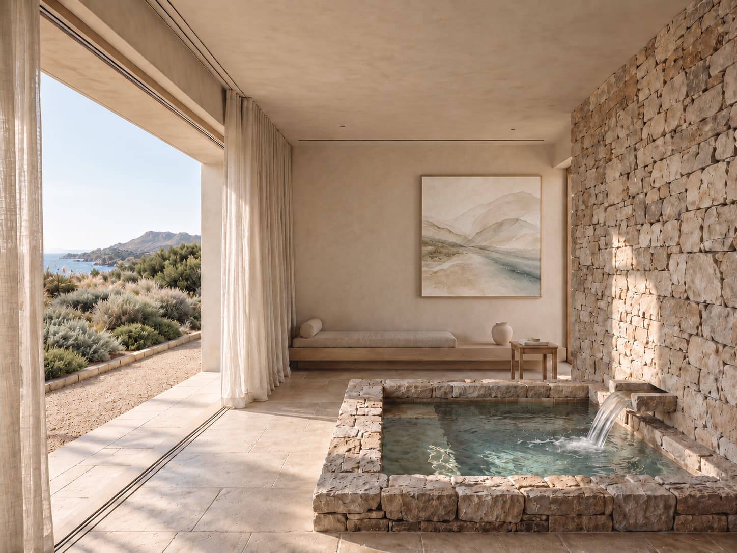A spa room with a dry-stone wall and a small stone pool fed by a spout, a pale horizon work above a plaster bench, and an opening onto coastal planting.