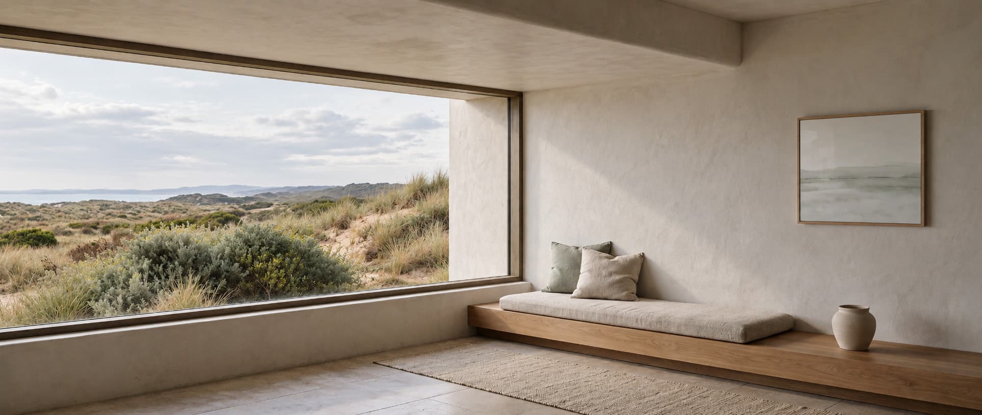 A quiet room for rest, with a long plaster bench and linen cushions, a pale horizon work on the wall, and one wide window onto dunes and the sea.